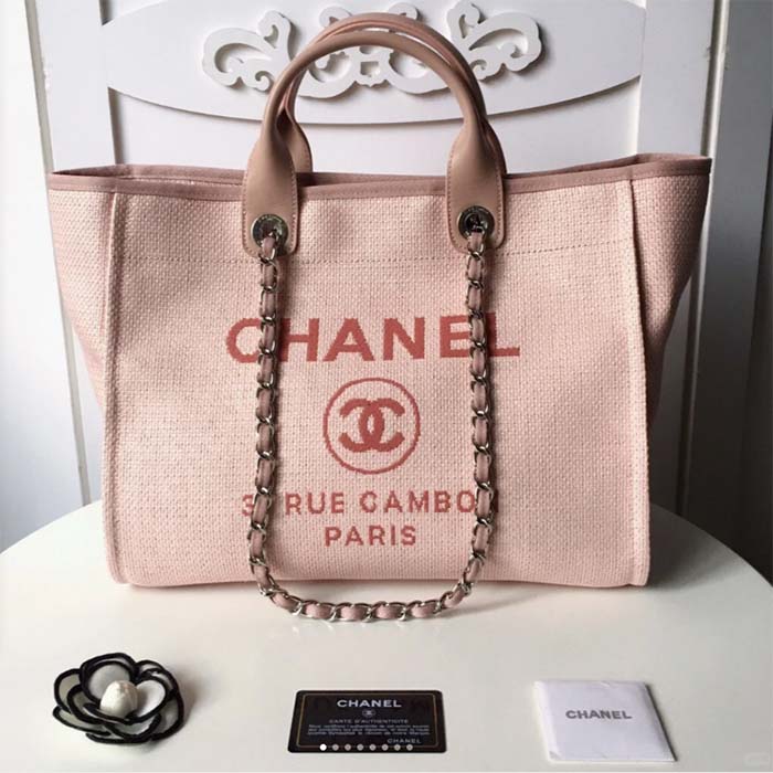 Chanel Women CC Shopping Bag Canvas Leather Mixed Fibers Pink