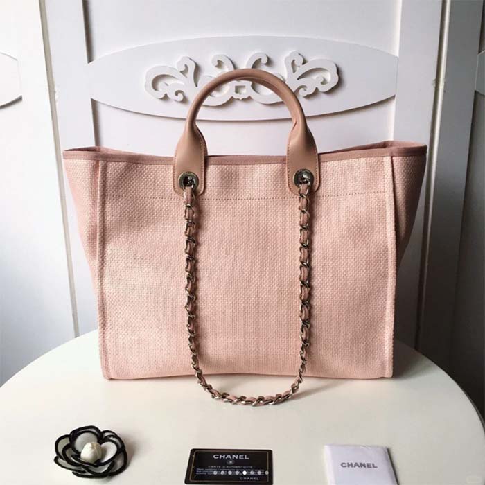 Chanel Women CC Shopping Bag Canvas Leather Mixed Fibers Pink