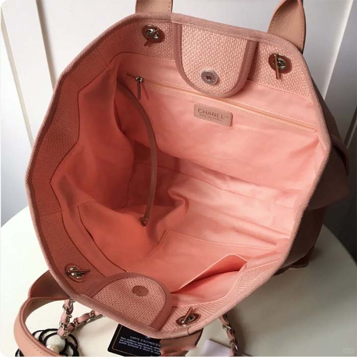 Chanel Women CC Shopping Bag Canvas Leather Mixed Fibers Pink