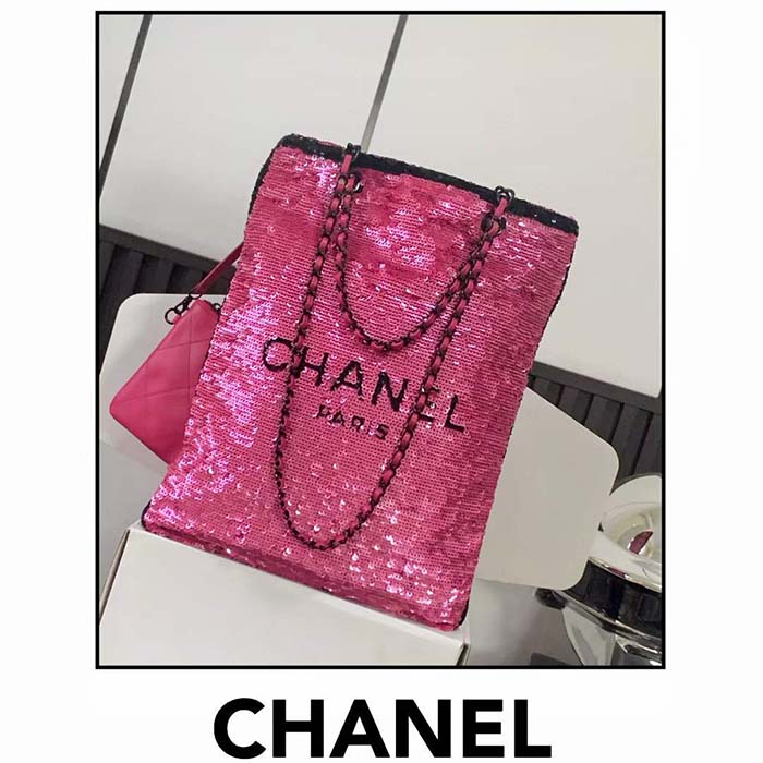 Chanel Women CC Shopping Bag Sequins Black Metal Dark Pink Black