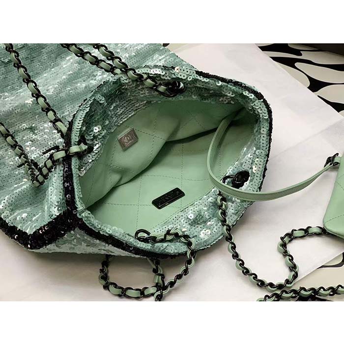 Chanel Women CC Shopping Bag Sequins Black Metal Green Black