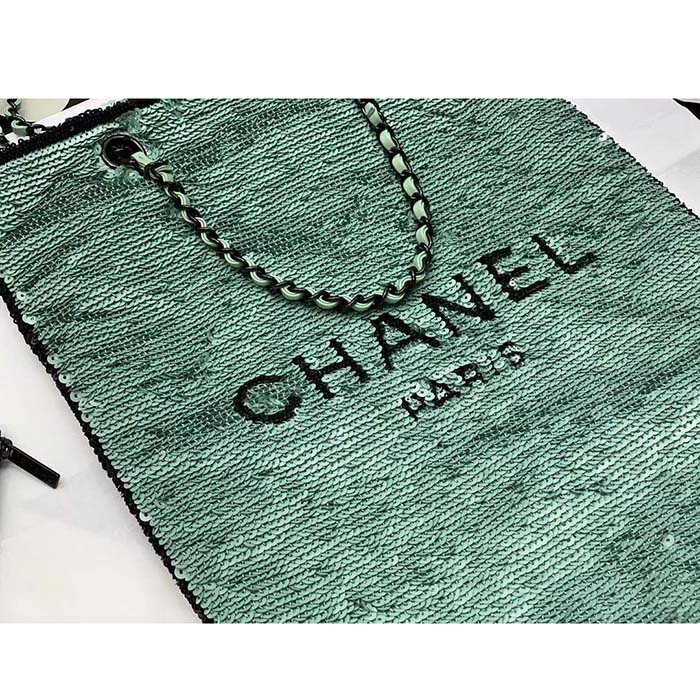 Chanel Women CC Shopping Bag Sequins Black Metal Green Black
