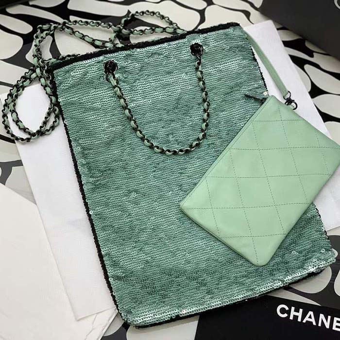 Chanel Women CC Shopping Bag Sequins Black Metal Green Black