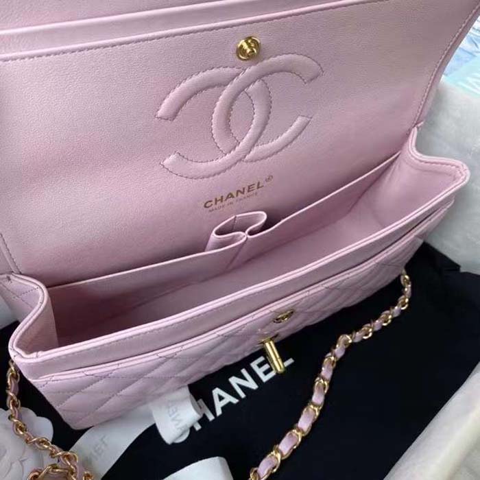 Chanel Women CC Small Classic Handbag Shiny Grained Calfskin Metal Lilac