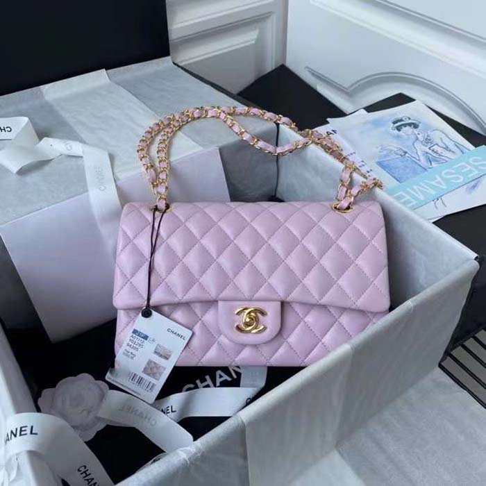 Chanel Women CC Small Classic Handbag Shiny Grained Calfskin Metal Lilac