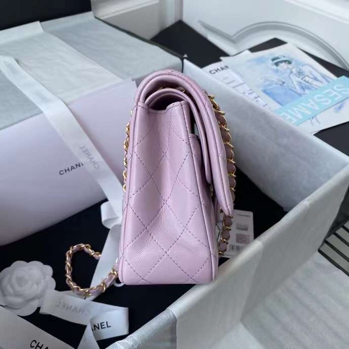 Chanel Women CC Small Classic Handbag Shiny Grained Calfskin Metal Lilac