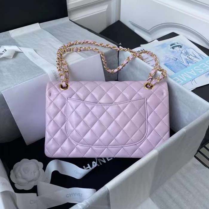 Chanel Women CC Small Classic Handbag Shiny Grained Calfskin Metal Lilac