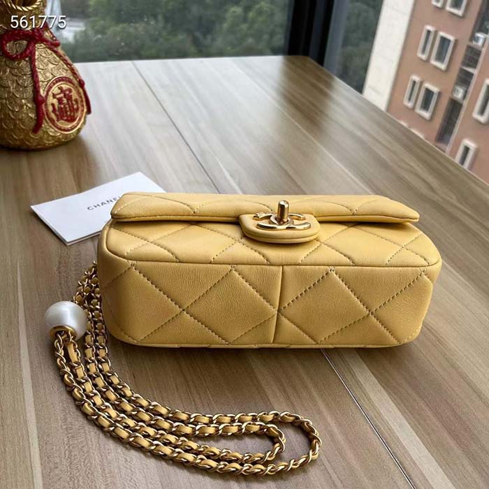 Chanel Women CC Small Flap Bag Pearly Lambskin Imitation Pearls Yellow