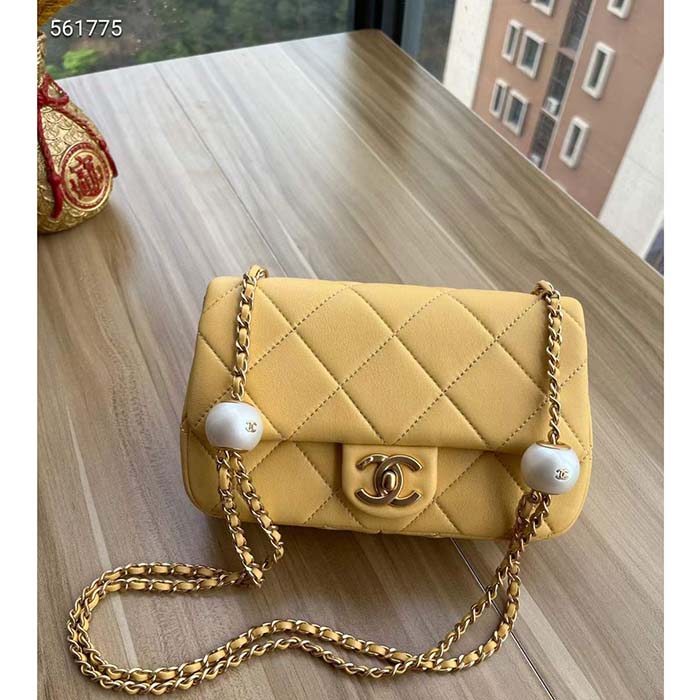 Chanel Women CC Small Flap Bag Pearly Lambskin Imitation Pearls Yellow