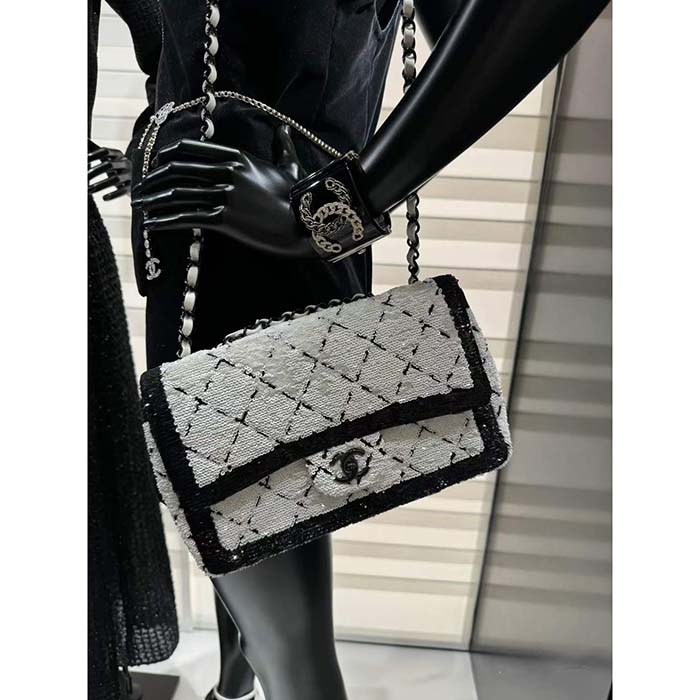 Chanel Women CC Small Flap Bag Sequins Black Metal White Black
