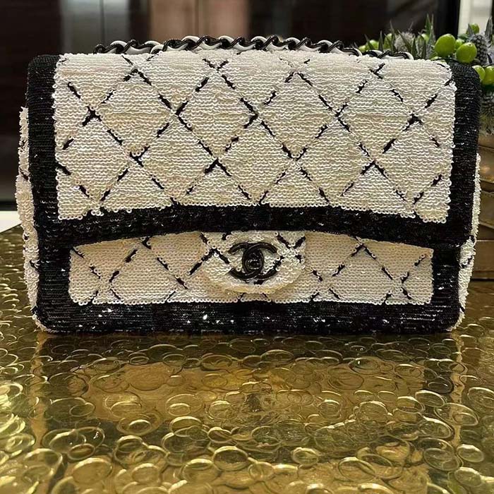 Chanel Women CC Small Flap Bag Sequins Black Metal White Black