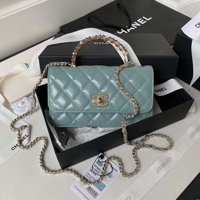 Chanel Women CC Small Flap Bag Top Handle Pearly Lambskin Light Green