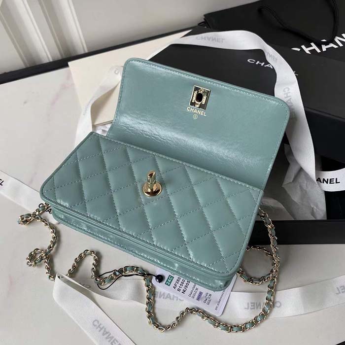 Chanel Women CC Small Flap Bag Top Handle Pearly Lambskin Light Green