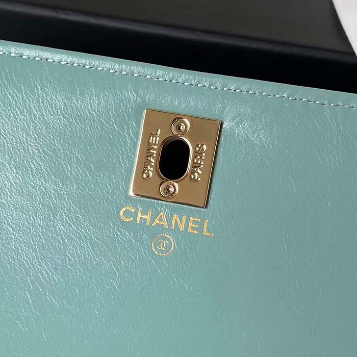 Chanel Women CC Small Flap Bag Top Handle Pearly Lambskin Light Green