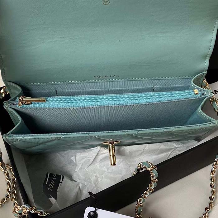 Chanel Women CC Small Flap Bag Top Handle Pearly Lambskin Light Green