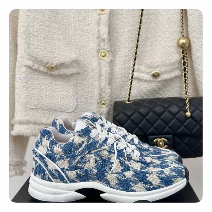 Chanel Women CC Sneakers Fabric Light Blue White 1 CM Heel