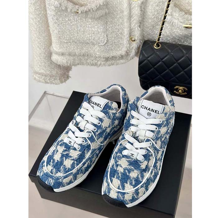 Chanel Women CC Sneakers Fabric Light Blue White 1 CM Heel