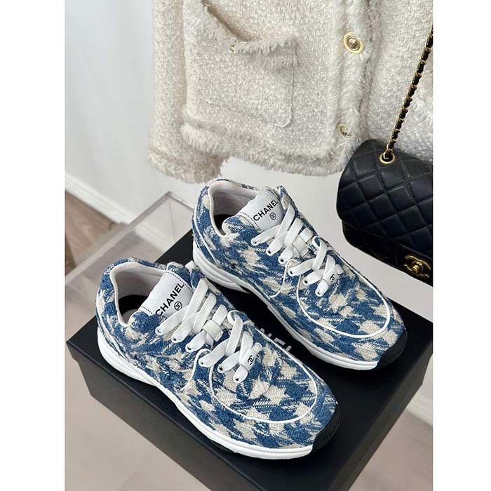 Chanel Women CC Sneakers Fabric Light Blue White 1 CM Heel