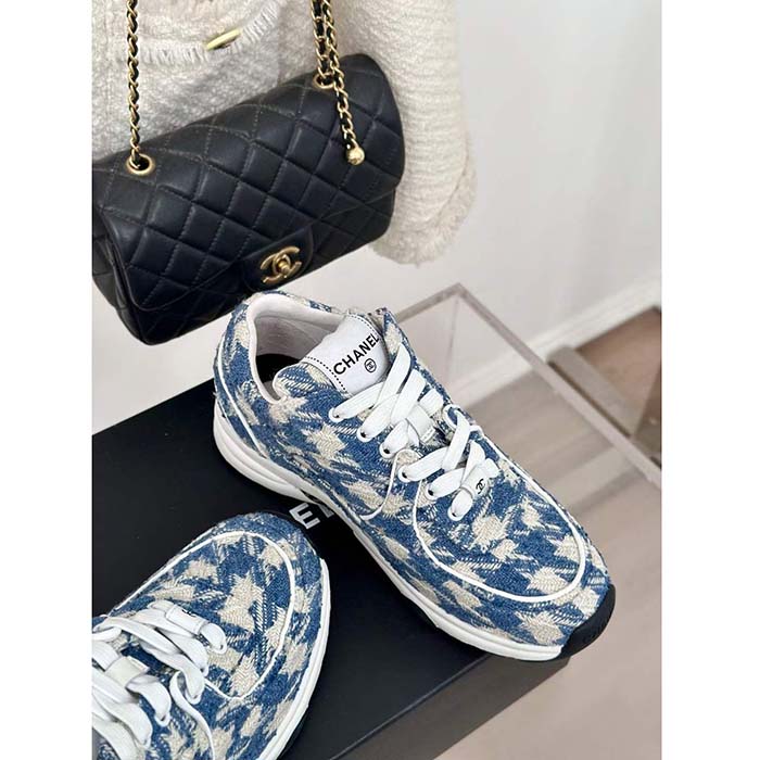 Chanel Women CC Sneakers Fabric Light Blue White 1 CM Heel
