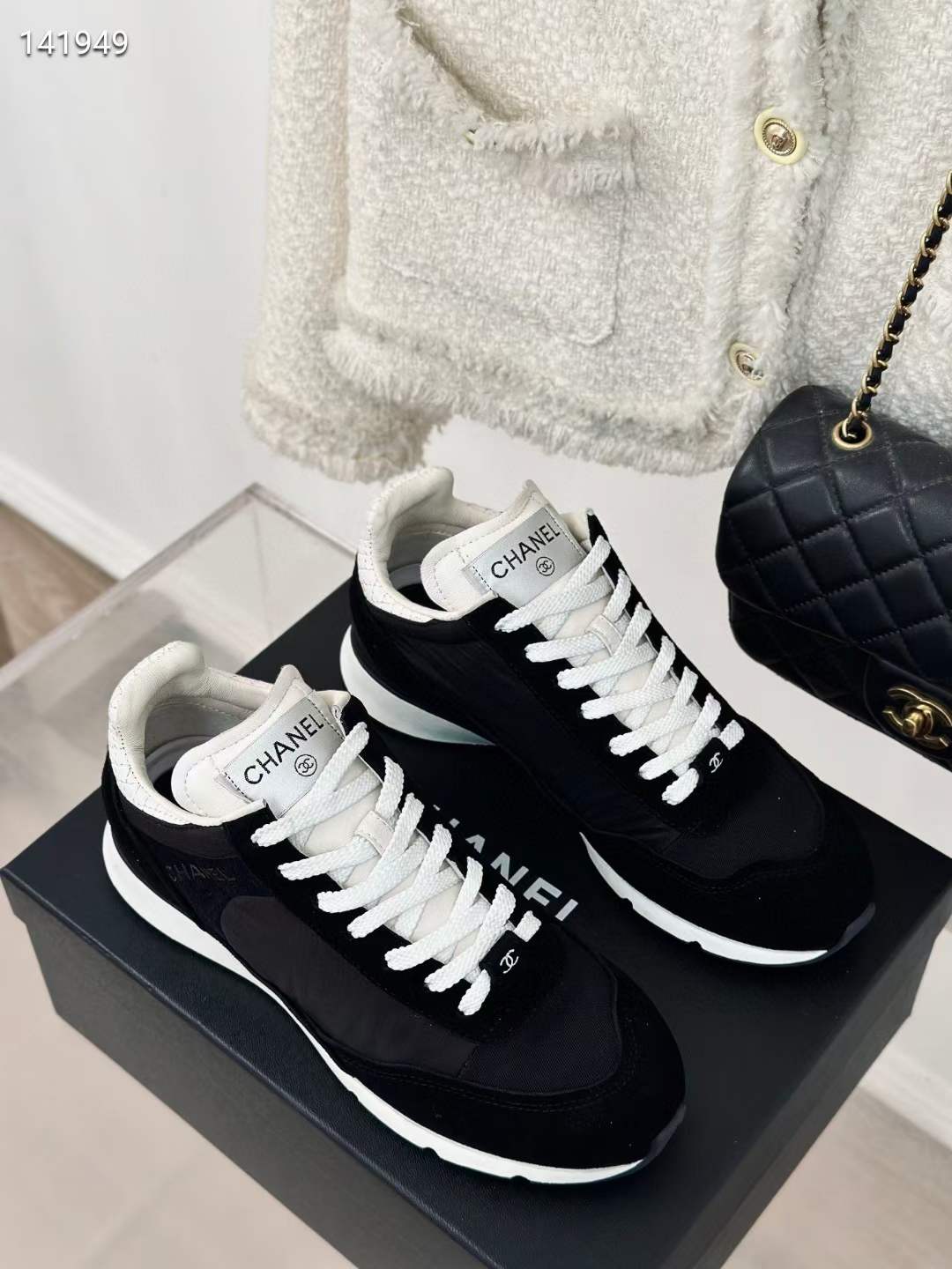 Chanel Women CC Sneakers Fabric Suede Kidskin Suede Calfskin Navy Black