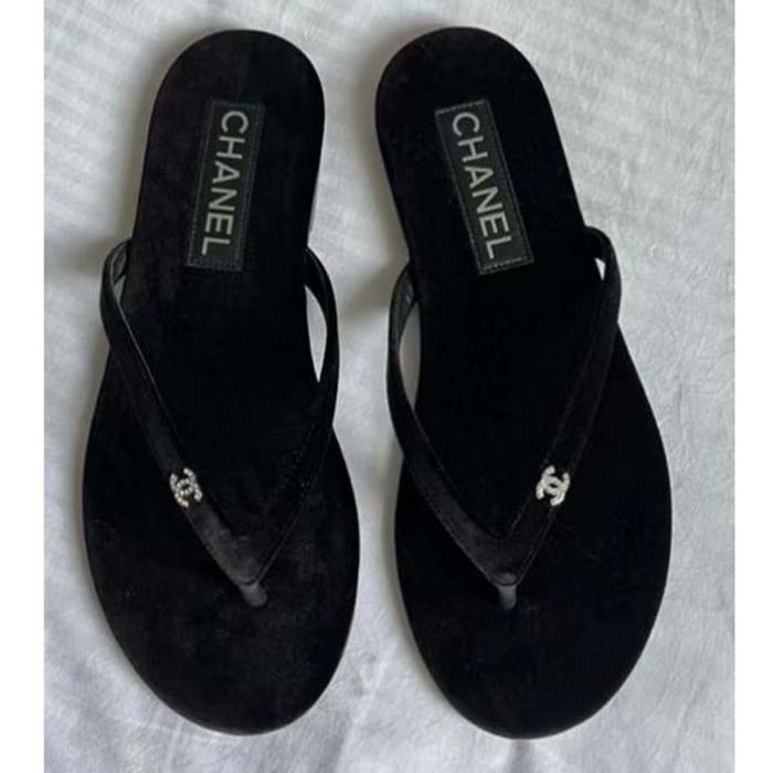 Chanel Women CC Thongs Sandal Velvet Black 0.5 CM Heel