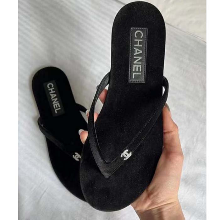 Chanel Women CC Thongs Sandal Velvet Black 0.5 CM Heel