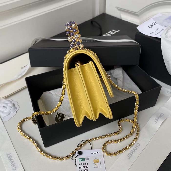 Chanel Women CC Wallet On Chain Lambskin Imitation Pearls Yellow