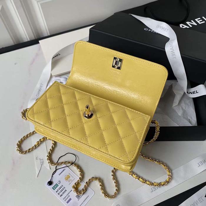 Chanel Women CC Wallet On Chain Lambskin Imitation Pearls Yellow