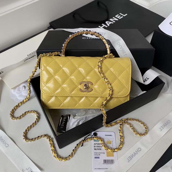Chanel Women CC Wallet On Chain Lambskin Imitation Pearls Yellow