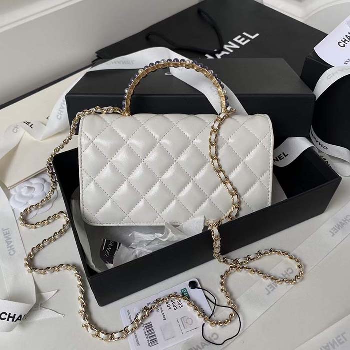 Chanel Women CC Wallet On Chain Shiny Crumpled Lambskin Imitation Pearls