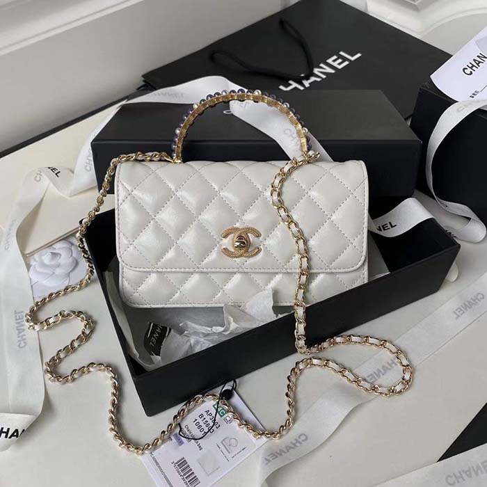 Chanel Women CC Wallet On Chain Shiny Crumpled Lambskin Imitation Pearls