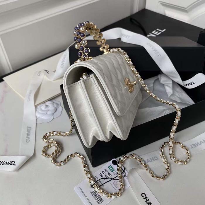 Chanel Women CC Wallet On Chain Shiny Crumpled Lambskin Imitation Pearls