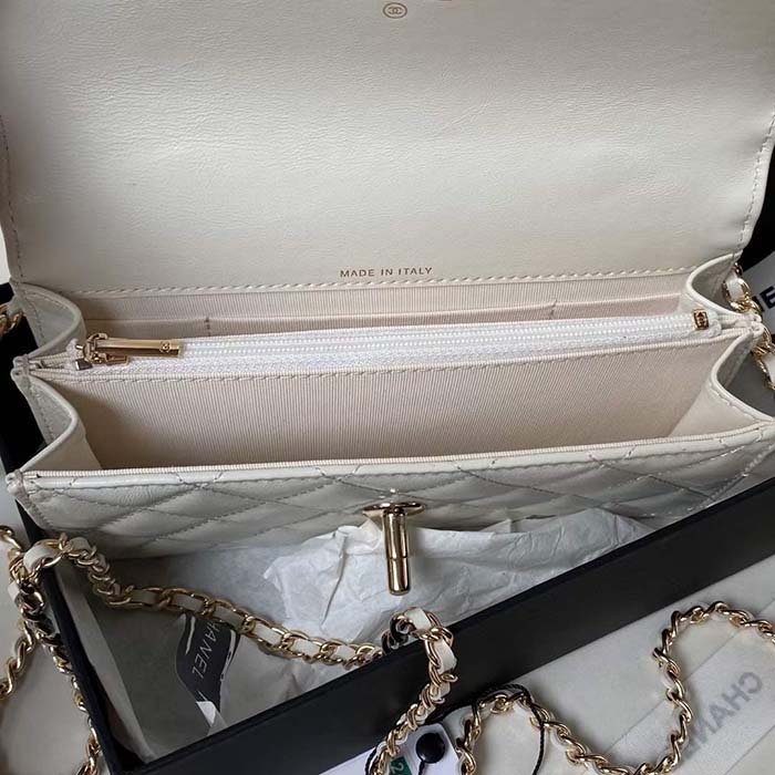 Chanel Women CC Wallet On Chain Shiny Crumpled Lambskin Imitation Pearls