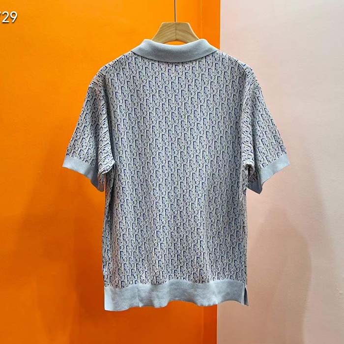 Dior CD Men Oblique Polo Shirt White Blue Cotton Jacquard