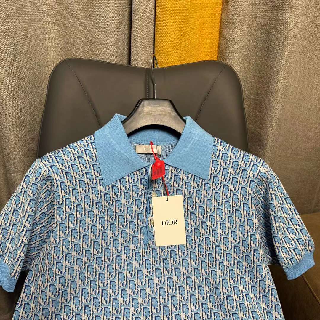 Dior CD Men Oblique Polo Shirt White Blue Cotton Jacquard