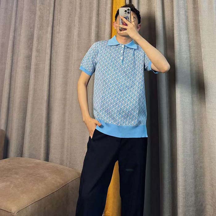 Dior CD Men Oblique Polo Shirt White Blue Cotton Jacquard