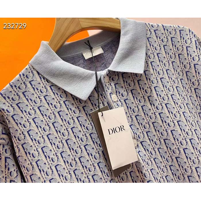 Dior CD Men Oblique Polo Shirt White Blue Cotton Jacquard
