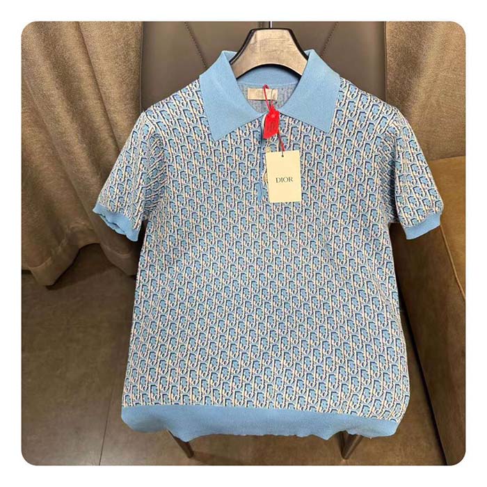 Dior CD Men Oblique Polo Shirt White Blue Cotton Jacquard