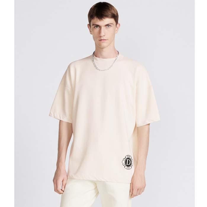 Dior CD Men T-Shirt Ecru Silk Cotton Jersey Ribbed Crew Neck