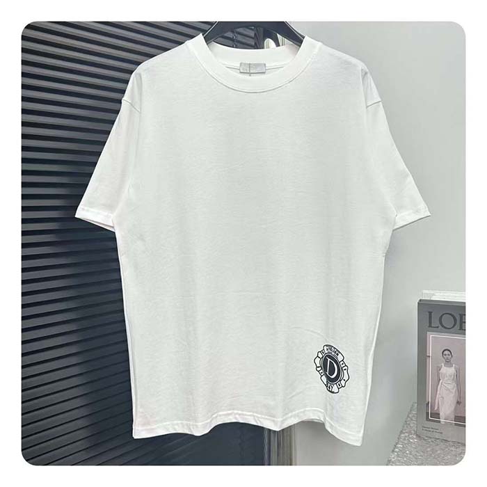 Dior CD Women T-Shirt Ecru Silk Cotton Jersey Ribbed Crew Neck