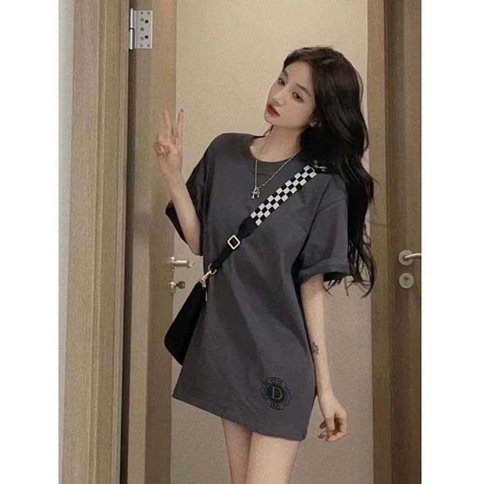 Dior CD Women T-Shirt T-Shirt Gray Cotton Jersey Silk Ribbed Crew Neck