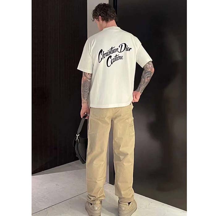 Dior CD Men T-Shirt Ecru Silk Cotton Jersey Ribbed Crew Neck