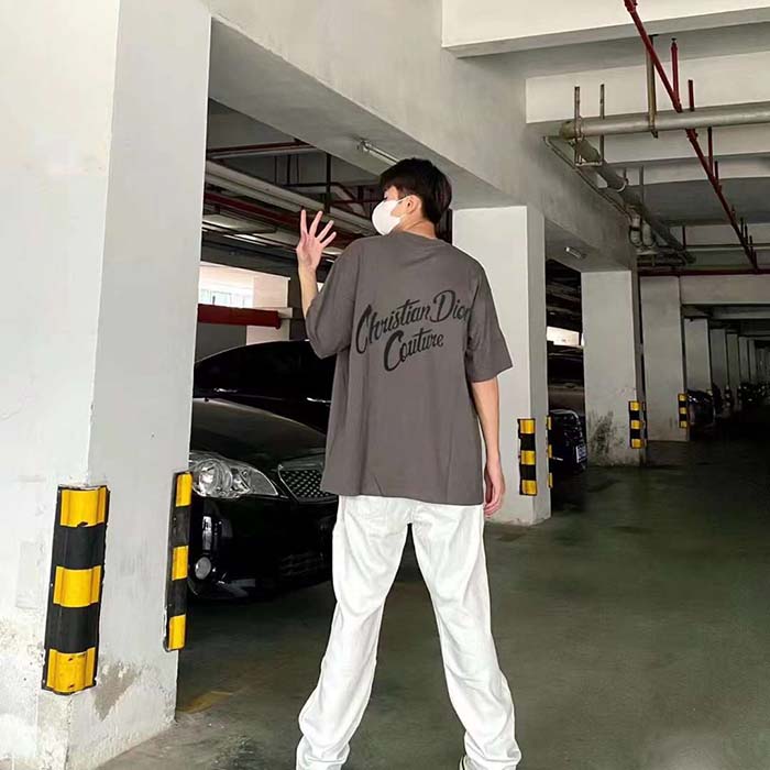 Dior CD Men T-Shirt T-Shirt Gray Cotton Jersey Silk Ribbed Crew Neck