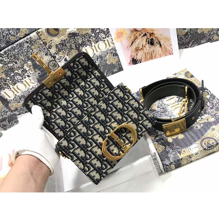 Dior CD Unisex 30 Montaigne Box Bag Blue Dior Oblique Jacquard