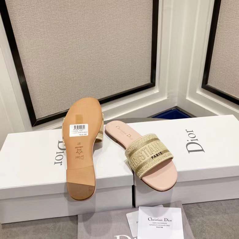Dior CD Unisex Dway Slide Gold-Tone Cotton Embroidered Metallic Thread Strass