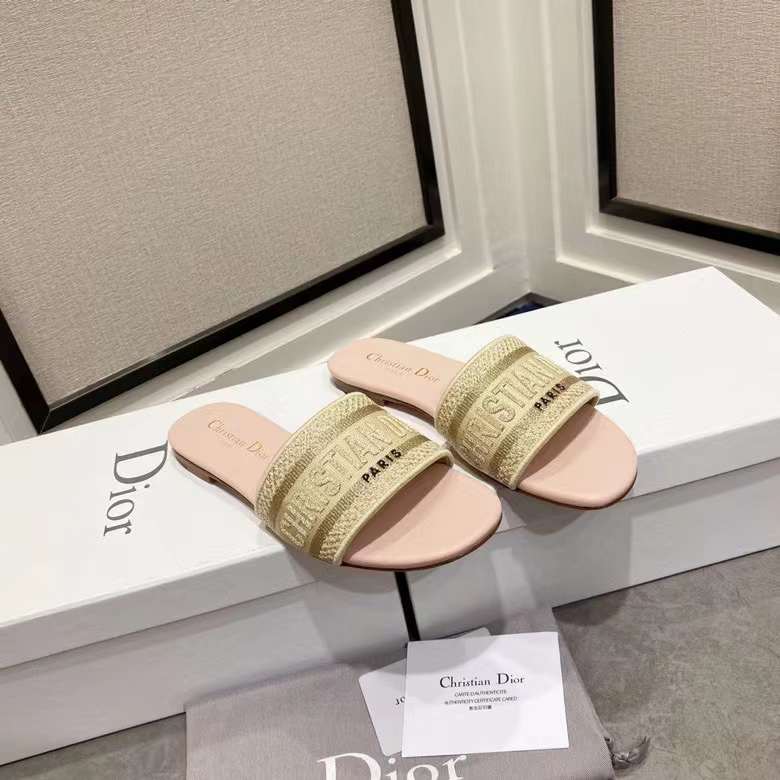 Dior CD Unisex Dway Slide Gold-Tone Cotton Embroidered Metallic Thread Strass