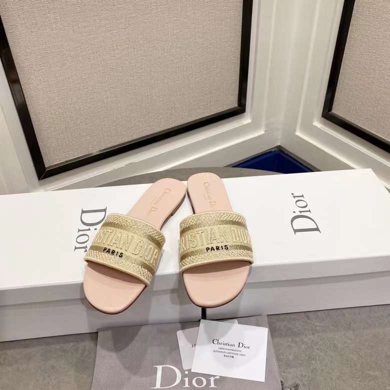 Dior CD Unisex Dway Slide Gold-Tone Cotton Embroidered Metallic Thread Strass