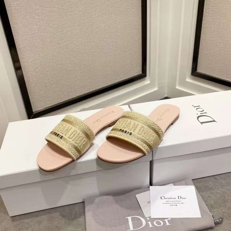 Dior CD Unisex Dway Slide Gold-Tone Cotton Embroidered Metallic Thread Strass