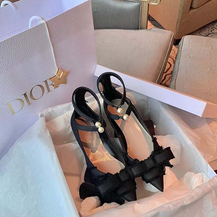 Dior CD Women Adiorable Pump Black Fringed Grosgrain Bow 4 cm Heel