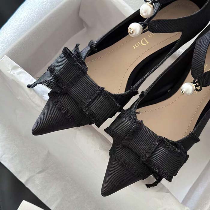 Dior CD Women Adiorable Pump Black Fringed Grosgrain Bow 4 cm Heel